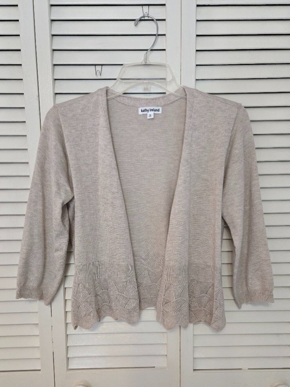 Kathy Ireland Beige 3/4 Sleeve Cropped Open Front Cardigan - Size Petite S